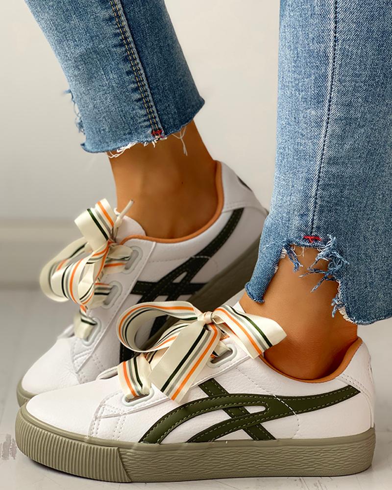 

Colorful Ribbon Lace-Up Casual Sneakers, Green