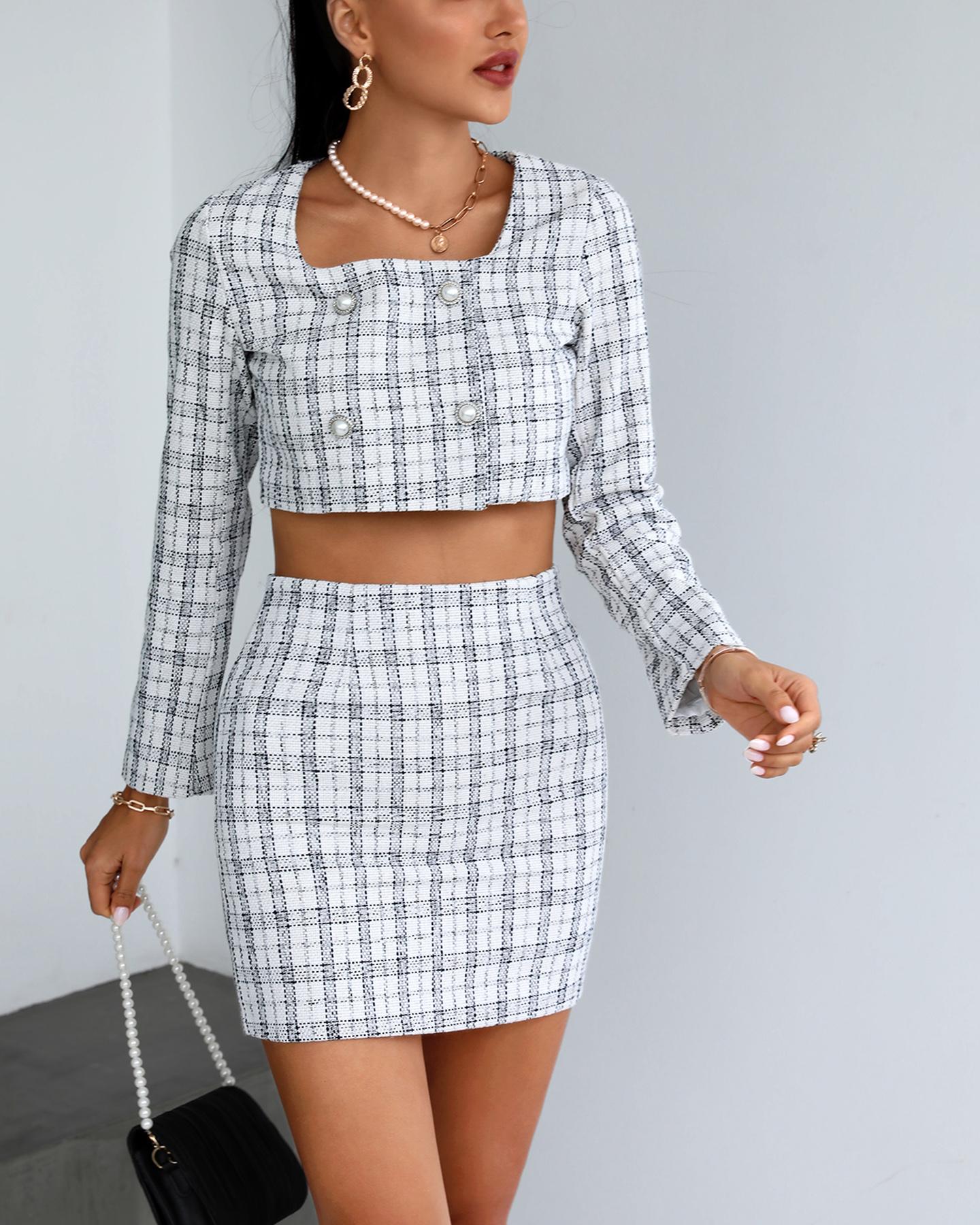 

Tweed Square Neck Crop Top & Skirt Set, White