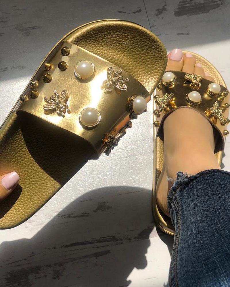 

Shiny Embellished Single Strap Flat Sandals, Gold