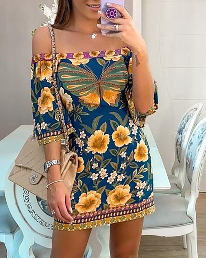 

Off Shoulder Floral Butterfly Print Dress, Blue
