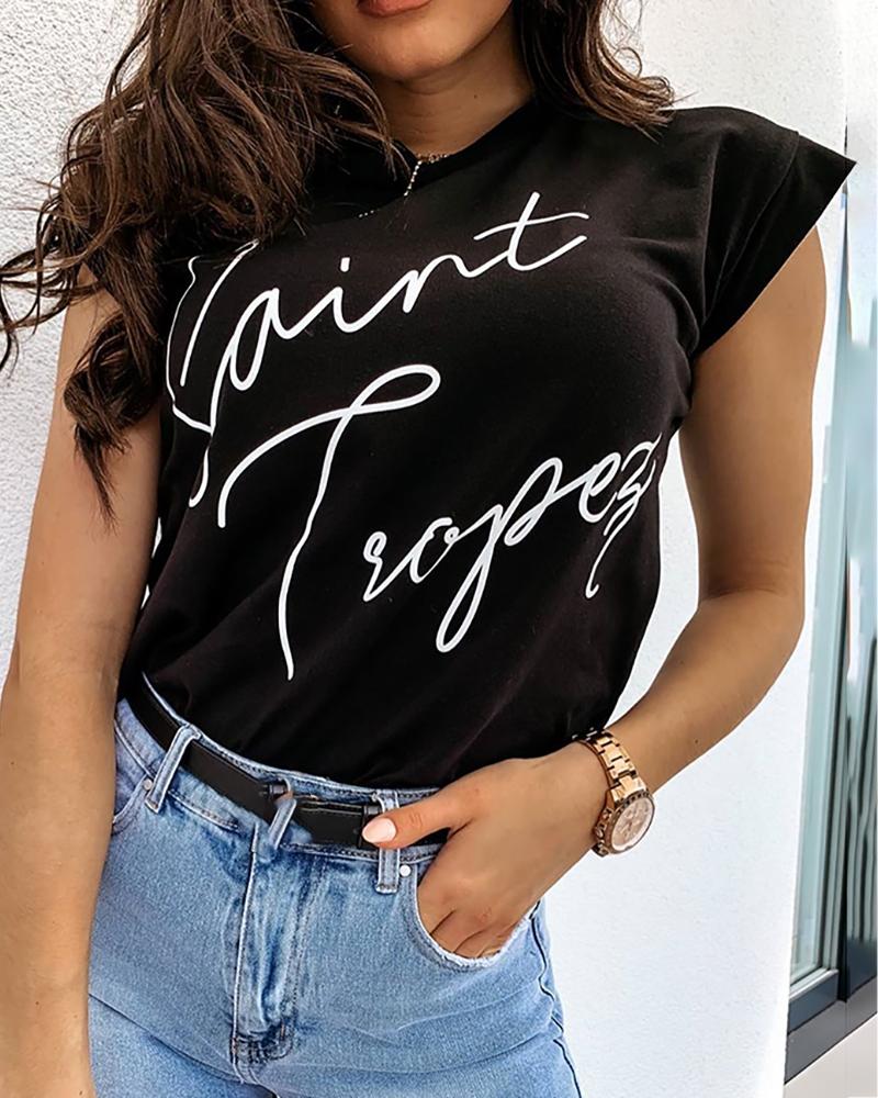 

Letter Print Round Neck Casual T-shirt, Black