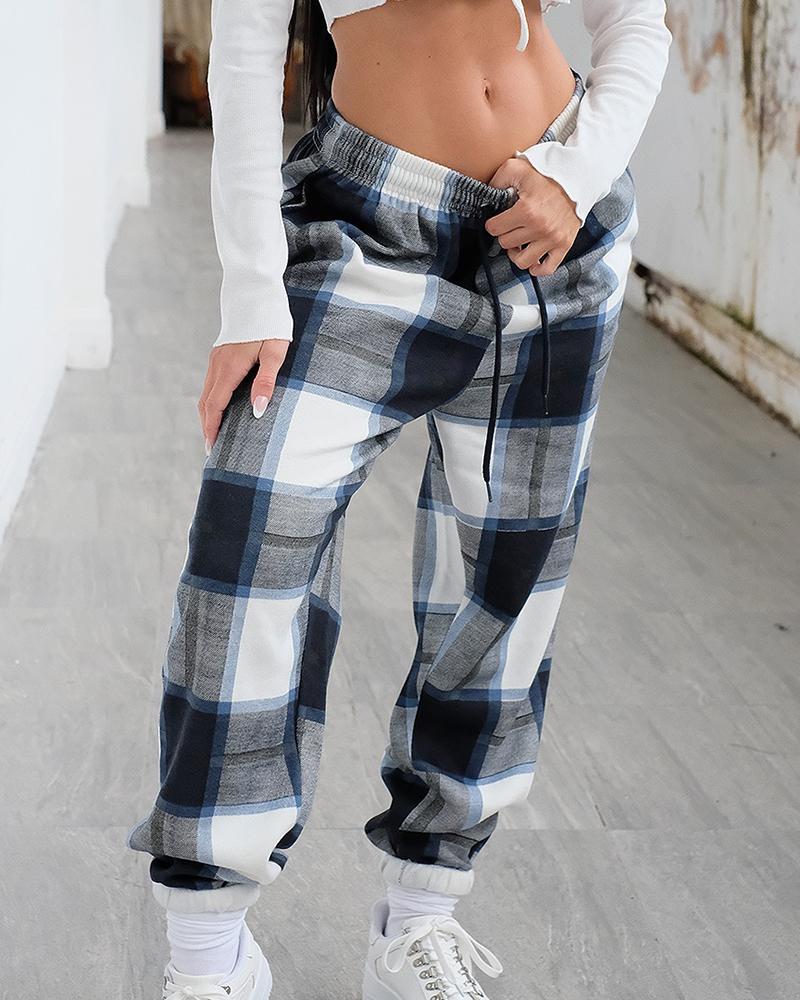 

High Waist Drawstring Plaid Pants, Gray
