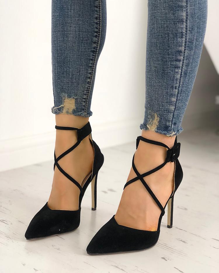 

Splicing Lace-up Buckle Point Toe Pump Shoes, Black