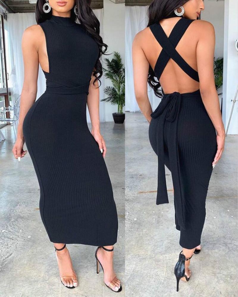 

Solid Ribbed Crisscross Backless Dress, Black
