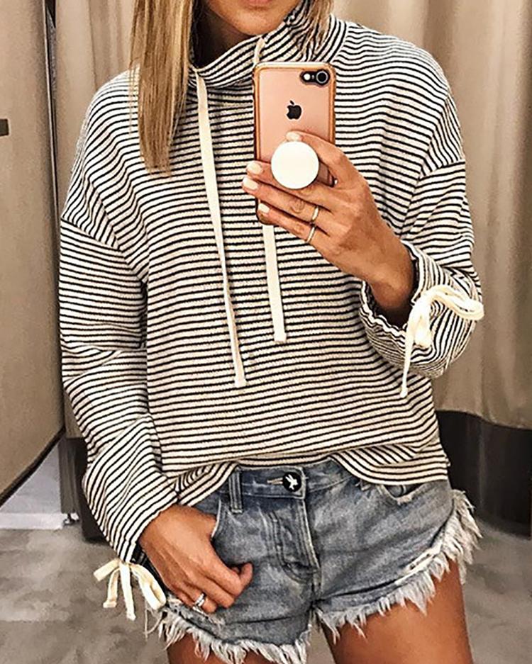 

Pinstripes Drawstring Casual Sweatshirt, Black