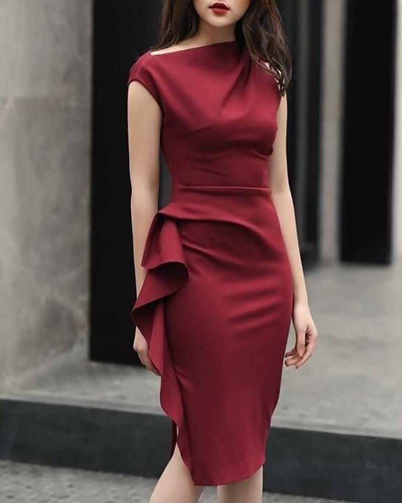 

Solid Ruffles Short Sleeve Work Dress, Wine red