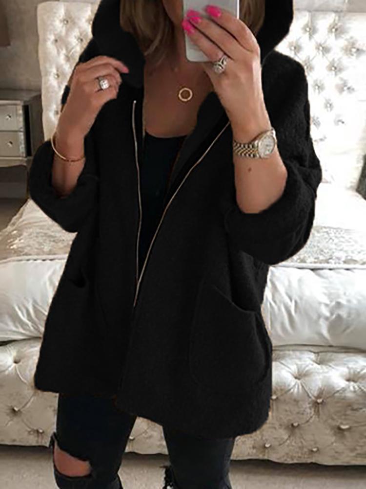 

Solid Fluffy Zipper Up Pocket Design Hooded Coat