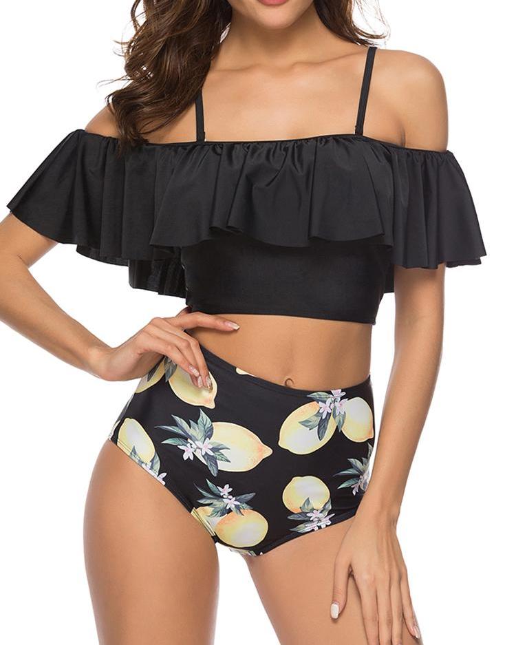 

Print Ruffles High Waist Tankini Set, Black