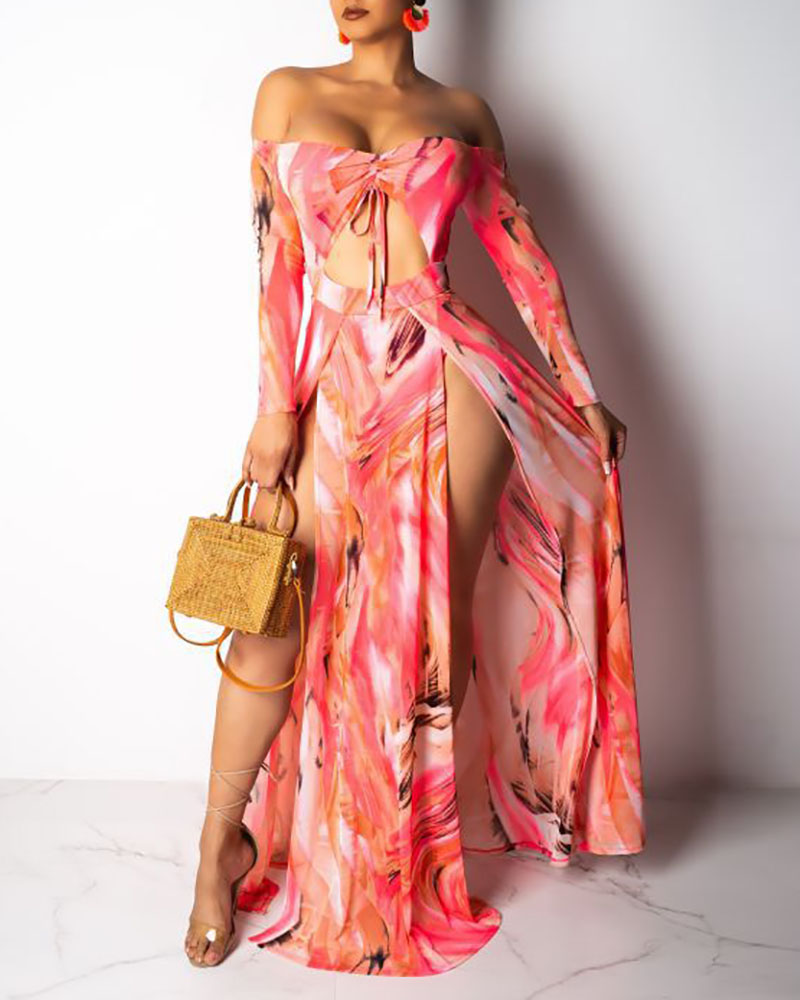 

Off Shoulder Floral High Maxi Slit Dress, Pink