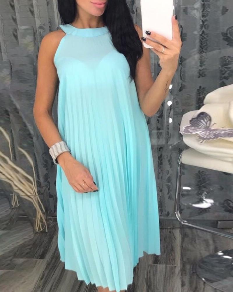 

Solid Sleeveless Pleated Midi Casual Dress, Green