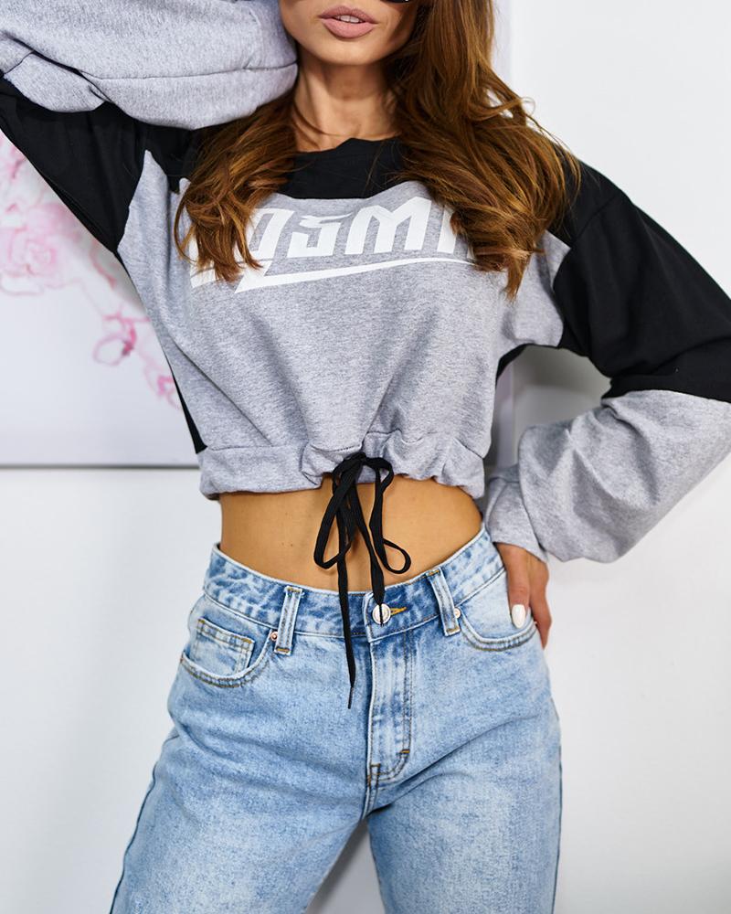 

Letter Print Drawstring Long Sleeve Crop Sweatshirt, Gray