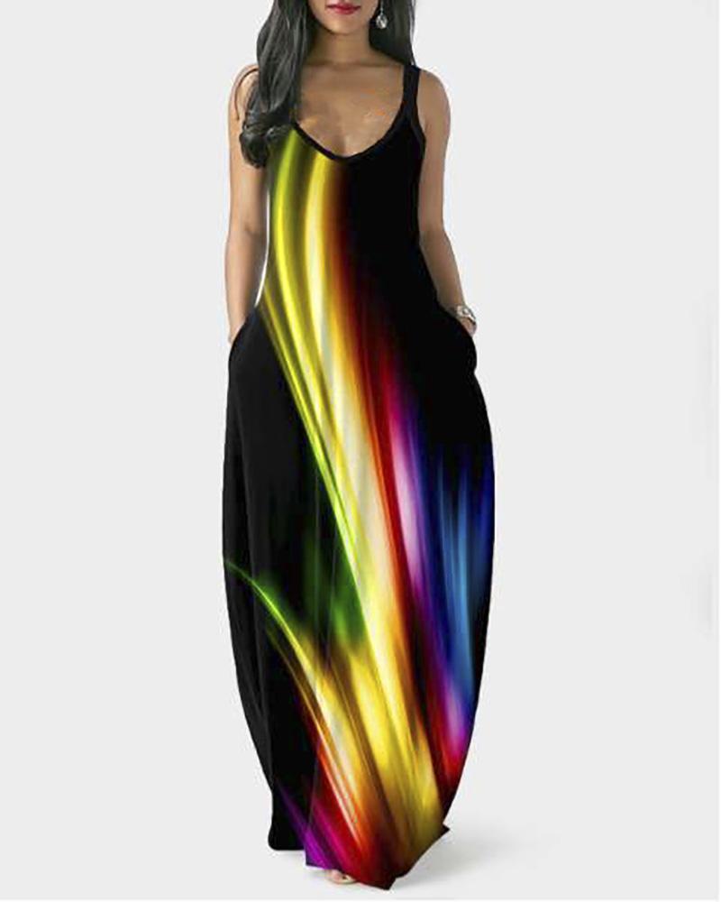 

Sunflower Print Colorblock Pocket Design Maxi Dress, Multicolor