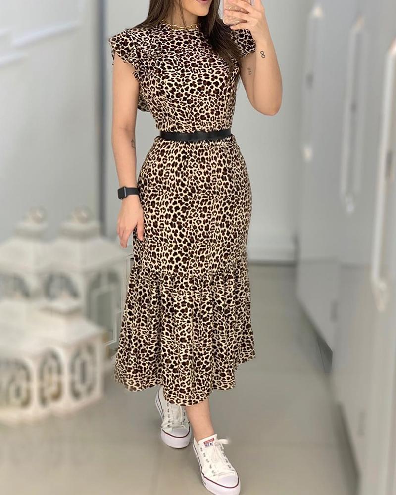 

Cheetah Print Ruffle Trim Casual Dress, Leopard