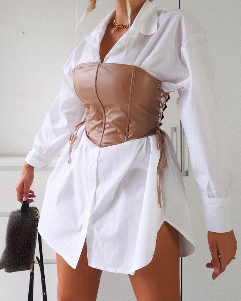 

Plain Long Sleeve Buttoned Shirt Dress, White