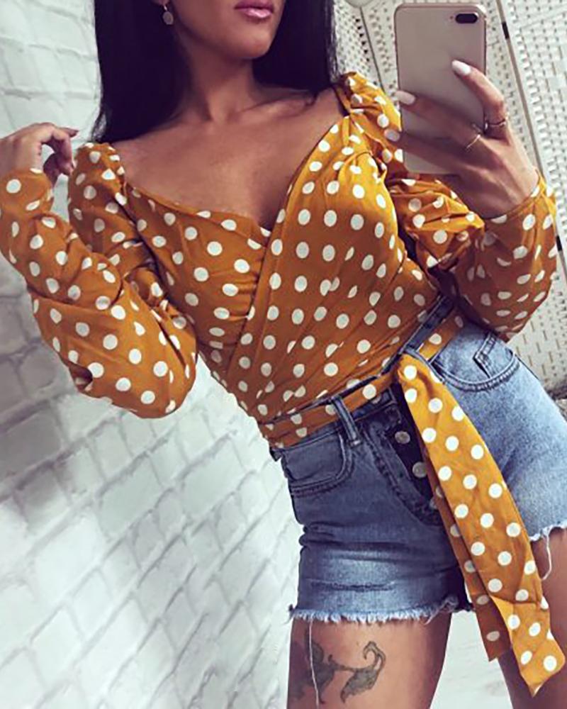 

Dot Print V-Neck Wrap Casual Blouse, Yellow