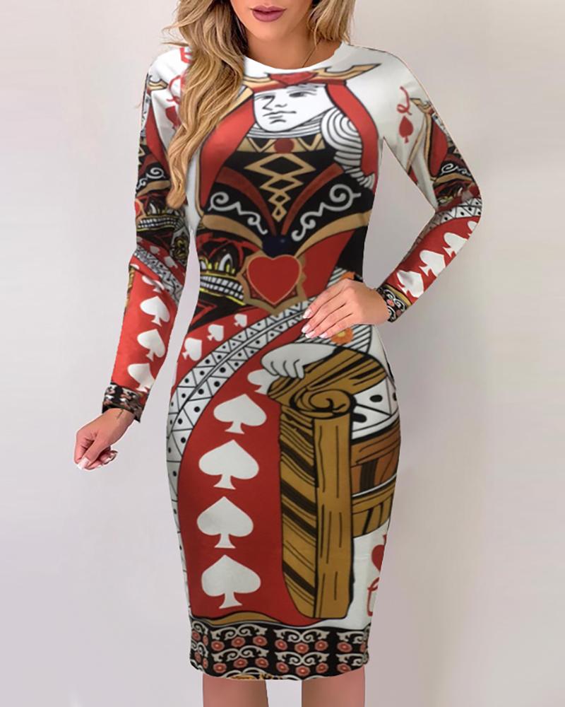 

Long Sleeve Poker Print Midi Dress, Red