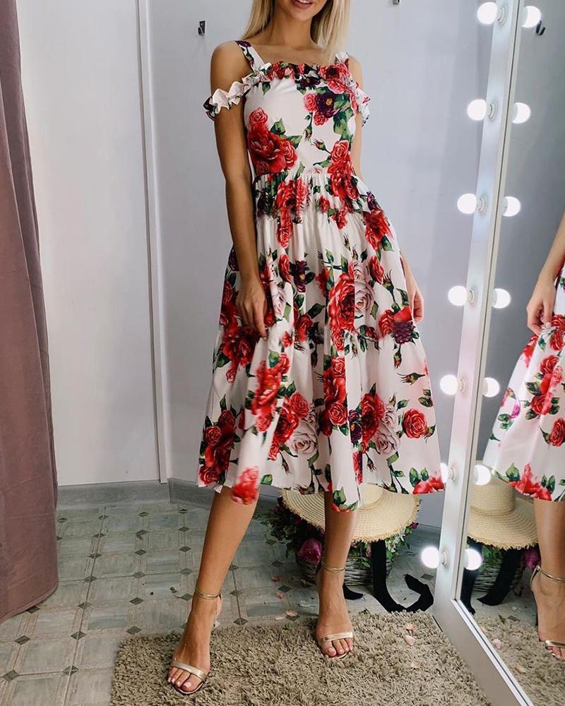

Floral Print Cold Shoulder Frill Hem Dress, White