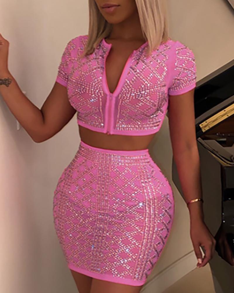

Hot Drilling Crop Top & High Waist Skirt, Pink