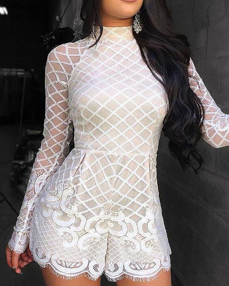 

Long Sleeve Mesh Eyelash Lace Rompers, White