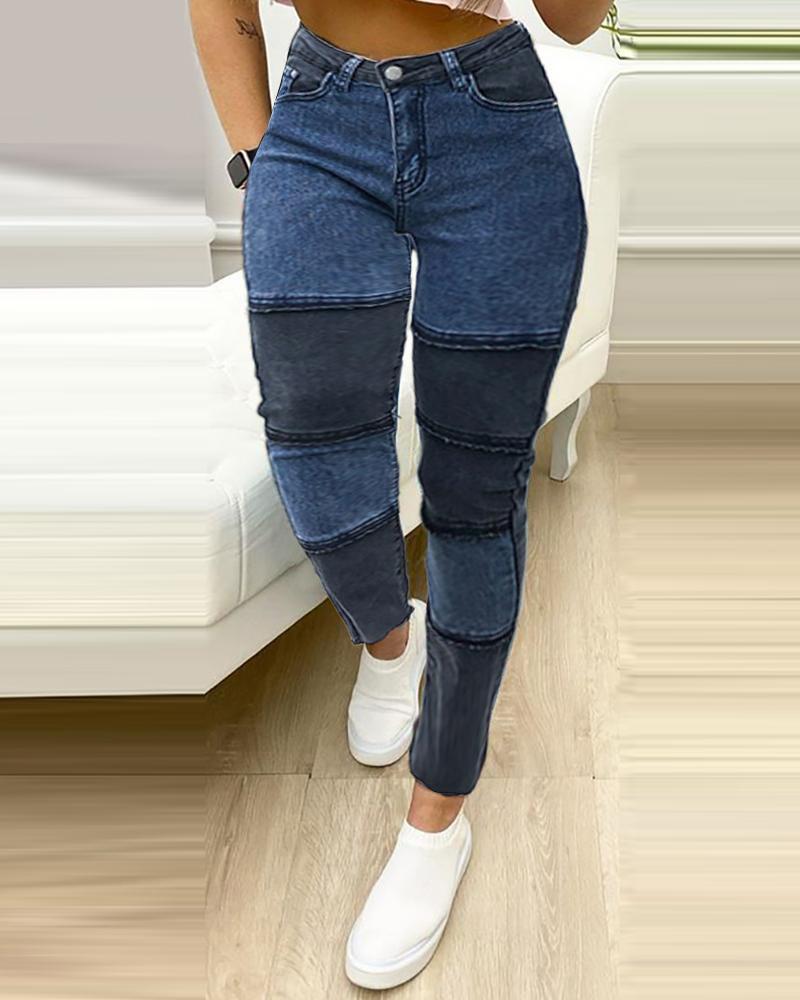 

Colorblock High Wasit Skinny Jeans, Dark blue