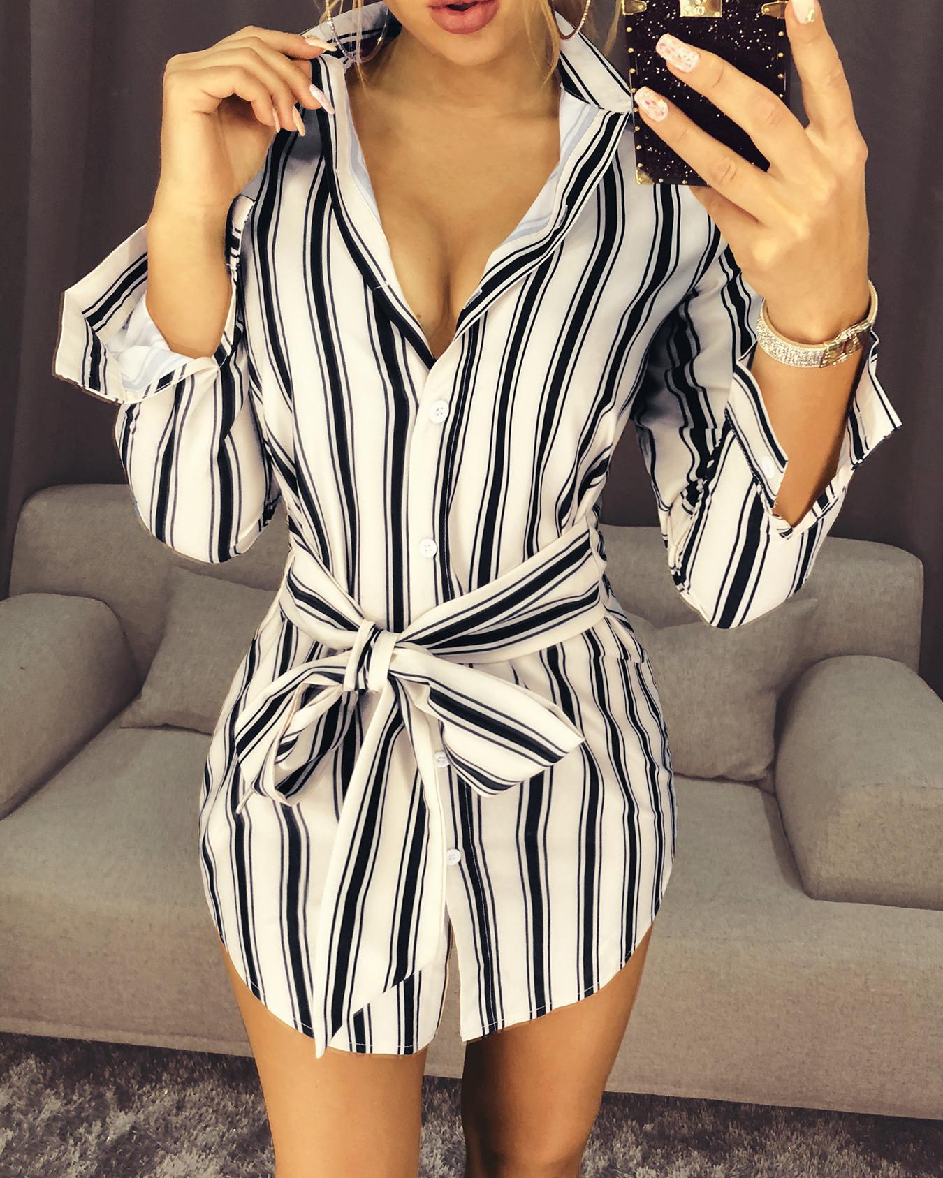 

Fashion Self-belt Stripe Print Casual Shirt Dress, Beige
