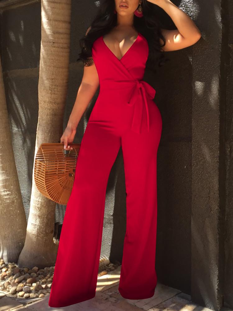 

Oversize Halter Backless Belted Deep V Wrap Jumpsuit, Red