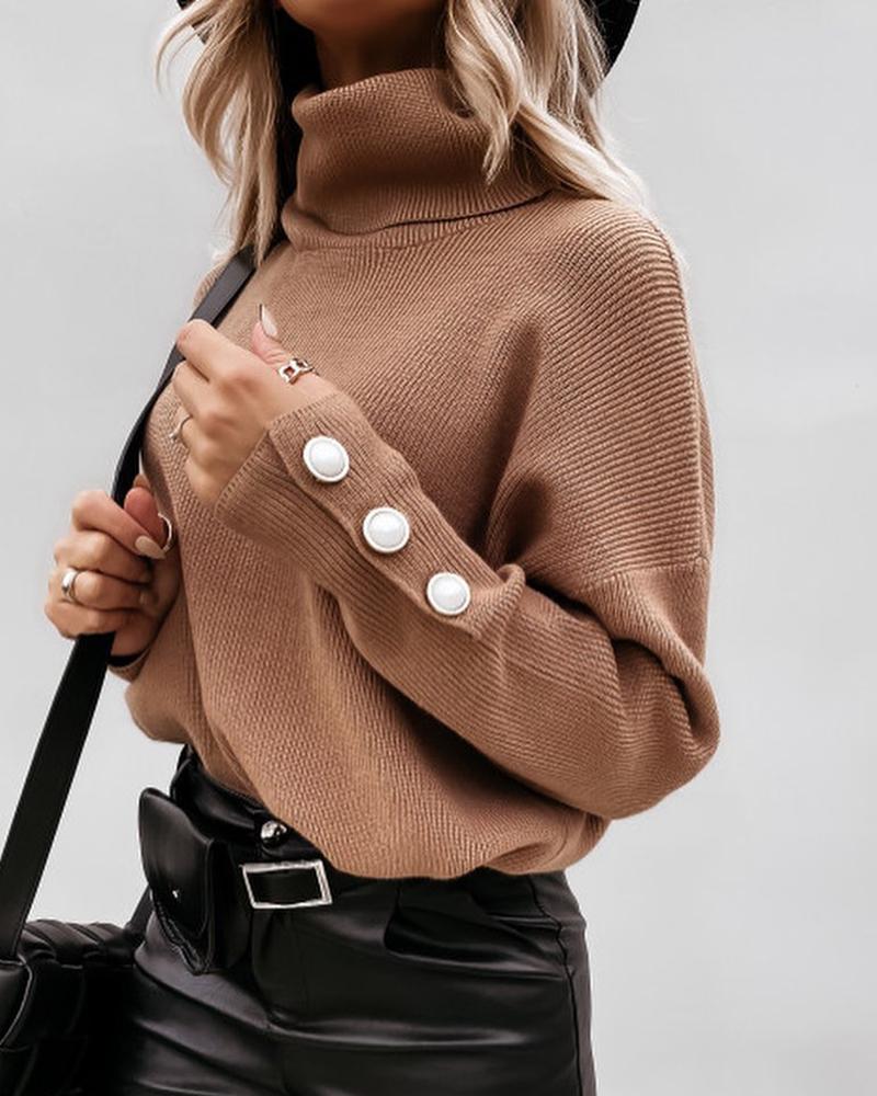

High Neck Buttoned Long Sleeve Casual Sweater, Brown