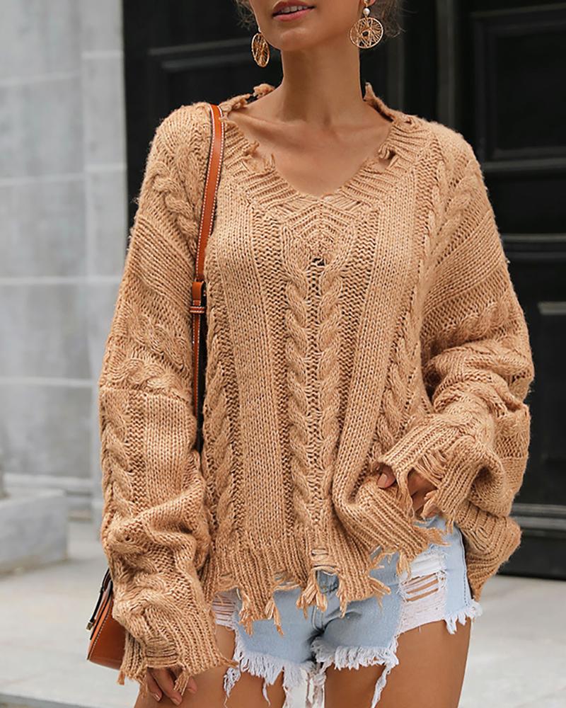 

Solid Long Sleeve Casual Sweater, Brown