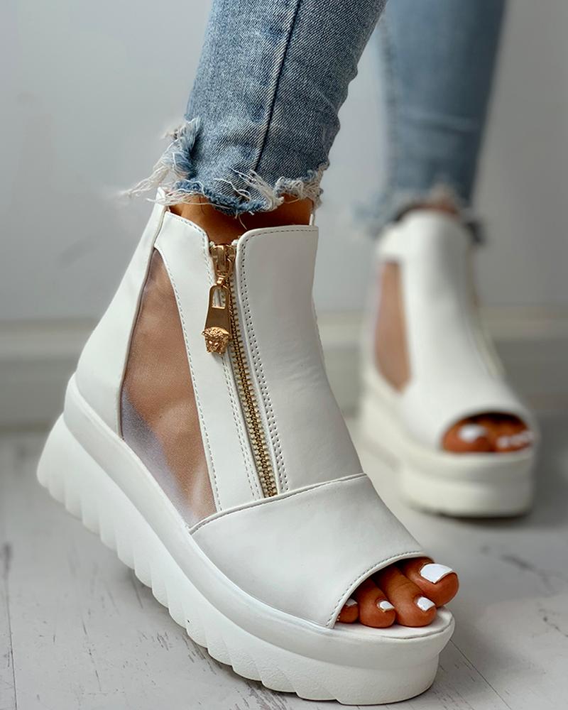 

Patchwork Mesh See Through Zipped Design Platform Sandals, White