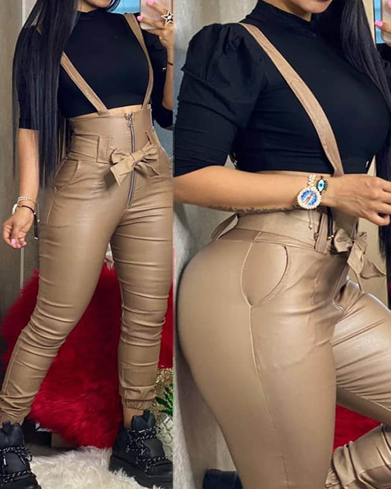 

High Waist Zipper Design Suspender PU Leather Jumpsuit, Khaki