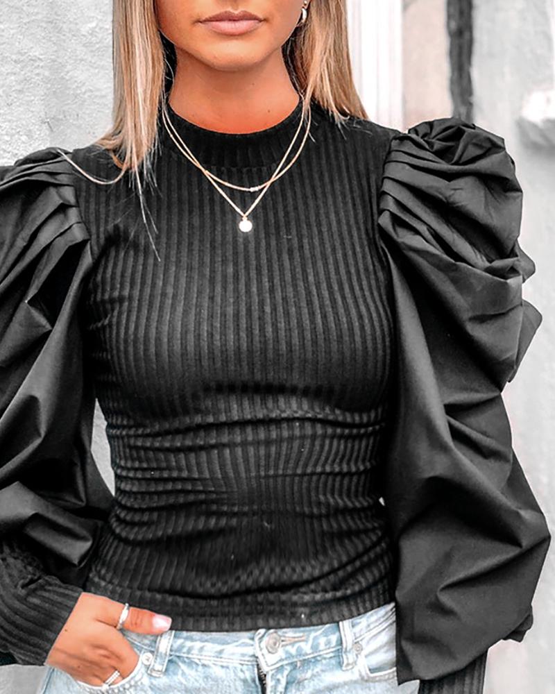 

Solid Mock Neck Puff Sleeve Ribbed Blouse, Black