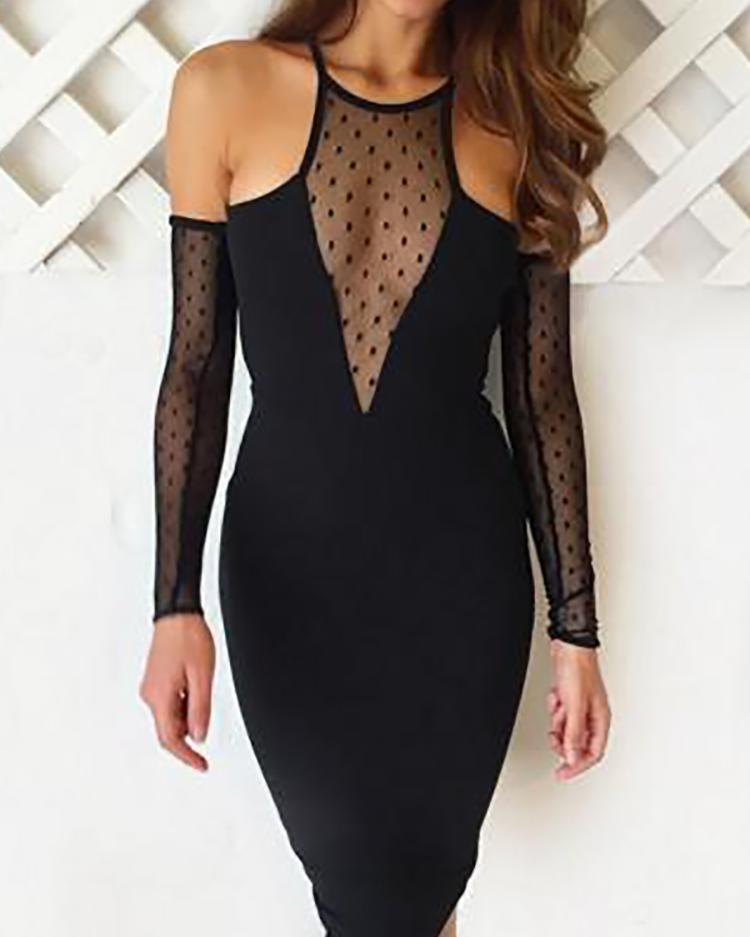 

Dot Mesh Cold Shoulder Bodycon Dress, Black