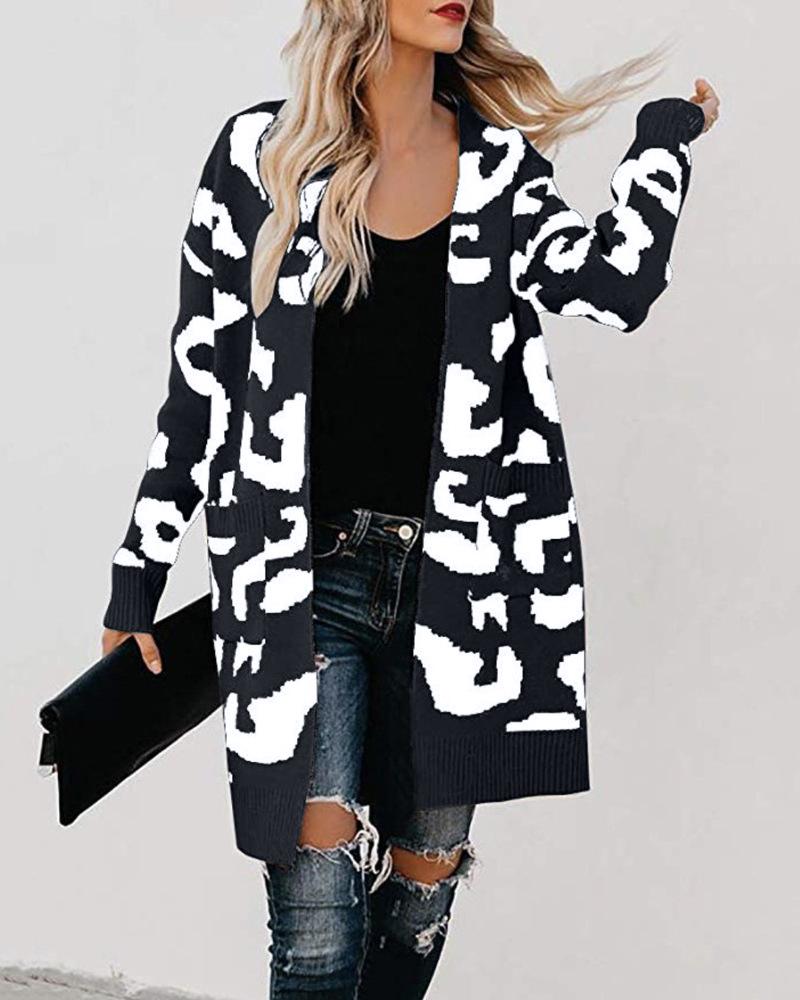 

Leopard Open Front Pocket Casual Cardigan, Black
