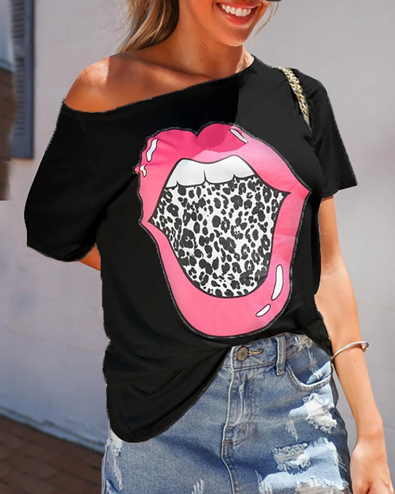 

Leopard Lip Print Short Sleeve T-shirt, Black