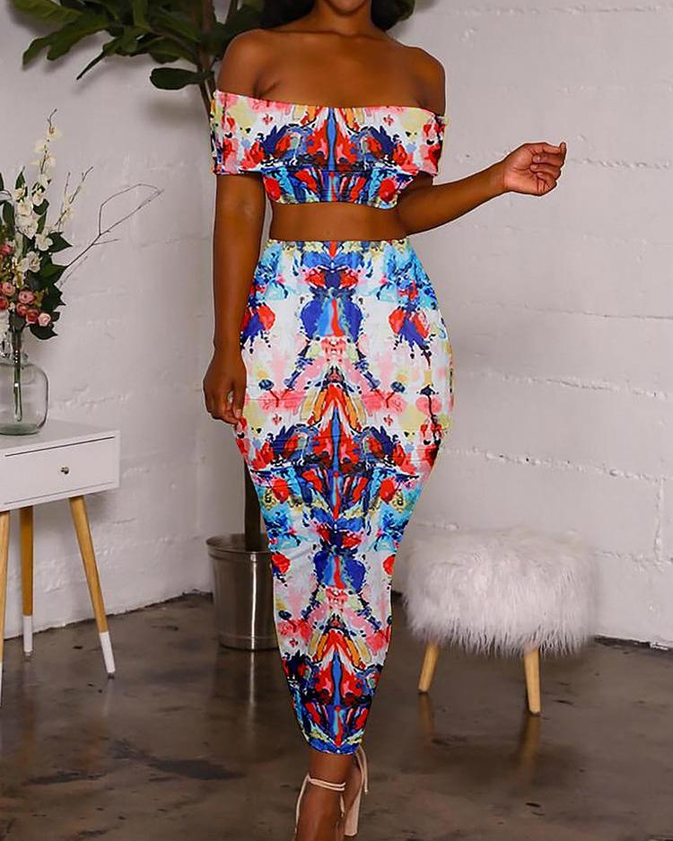 

Digital Print Off Shoulder Top With Slinky Skirt Sets, Multicolor
