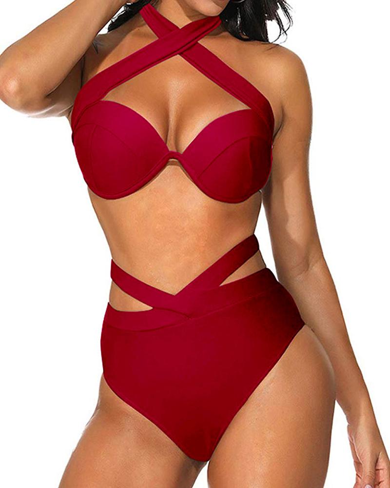 

Halter Crisscross Design Bikini Set, Red