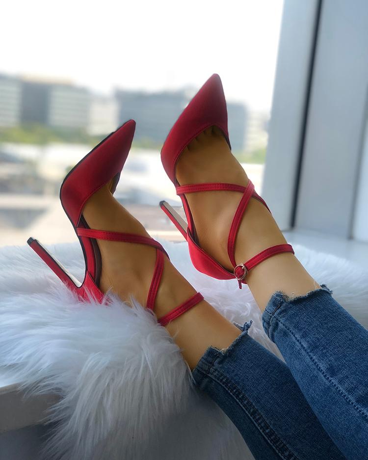

Solid Strappy Buckle Pointed Toe Heels, Red