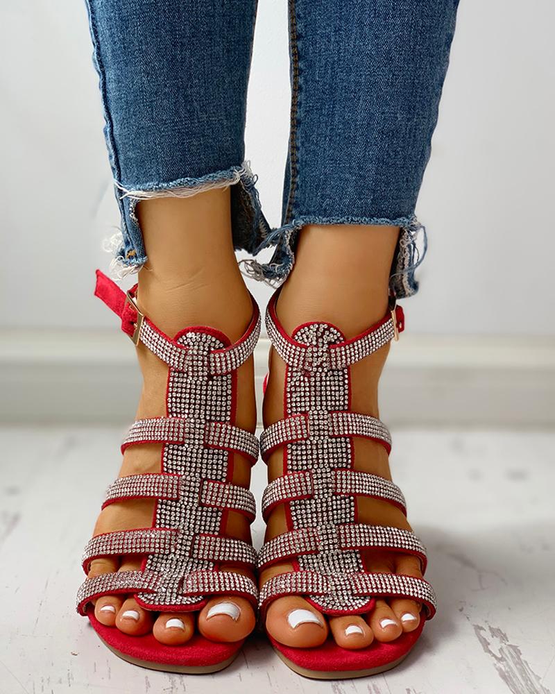 

Studded Multi-Strap Ankle-buckled Flat Sandals, Red