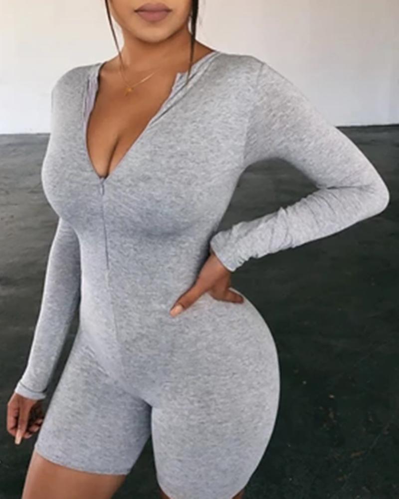 

Solid Long Sleeve Zipper Romper, Gray