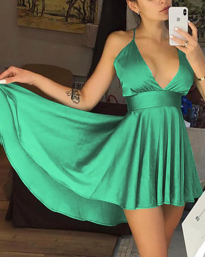 

Halter Plunge Pleated Irregular Party Dress, Green