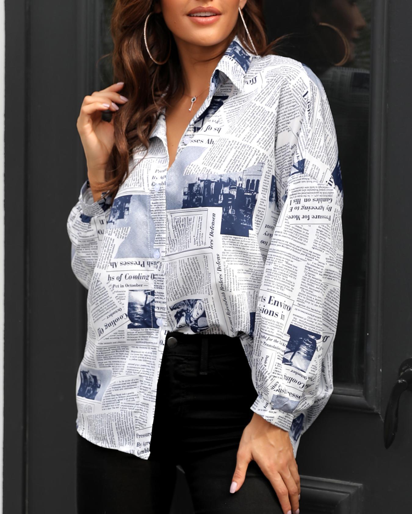 

Newspaper Print Long Sleeve Casual Shirt