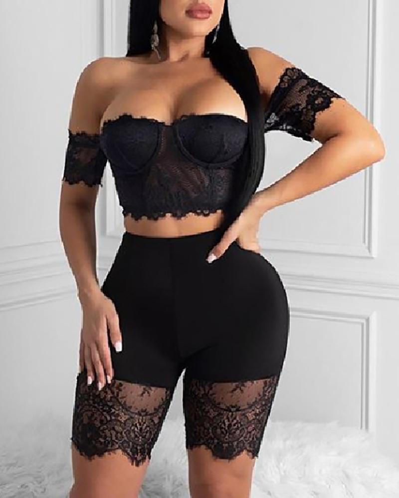 

Off Shoulder Eyelash Lace Crop Top & High Waist Shorts Set, Black