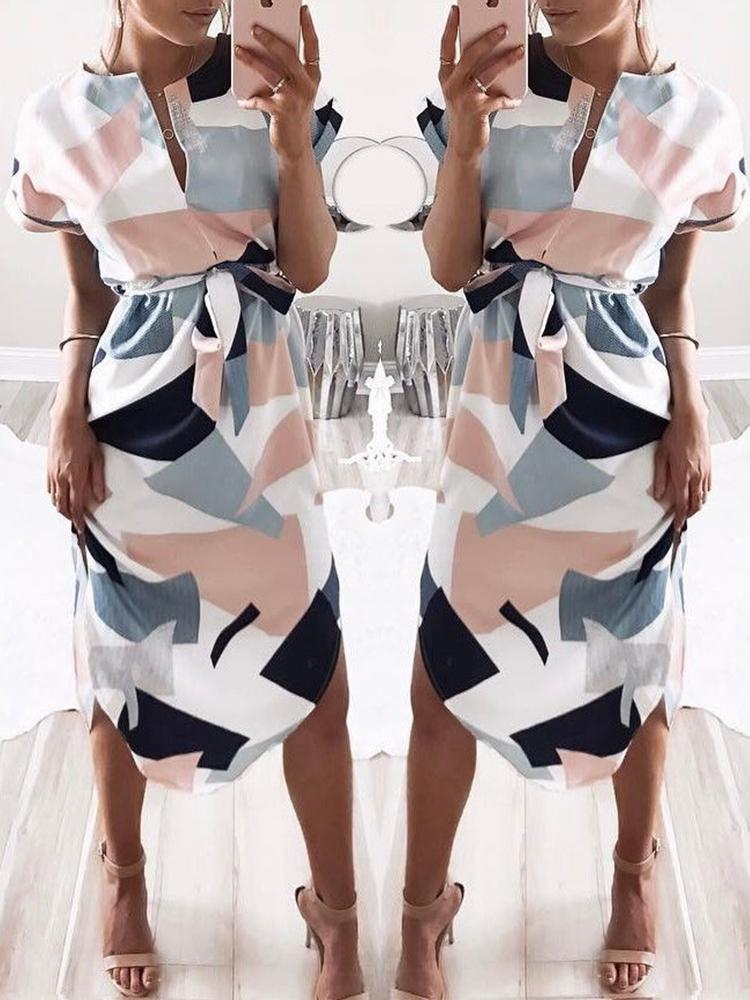 

Geo Print Tie Waist Curved Hem Casual Dress, White