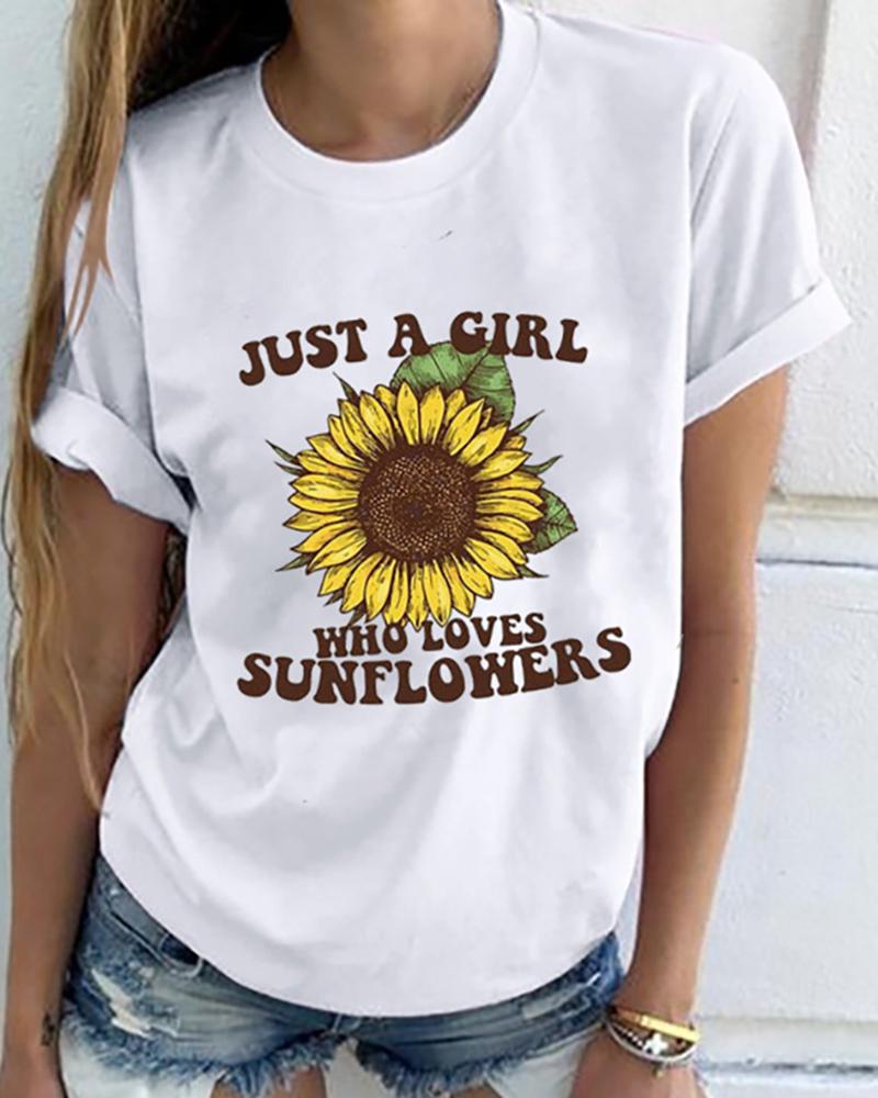 

Letter Sunflower Print Shot Sleeve Casual T-shirt, White