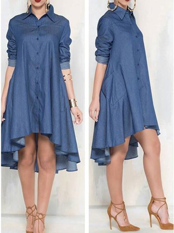

Long Sleeve Dip Hem Denim Shirt Dress, Blue