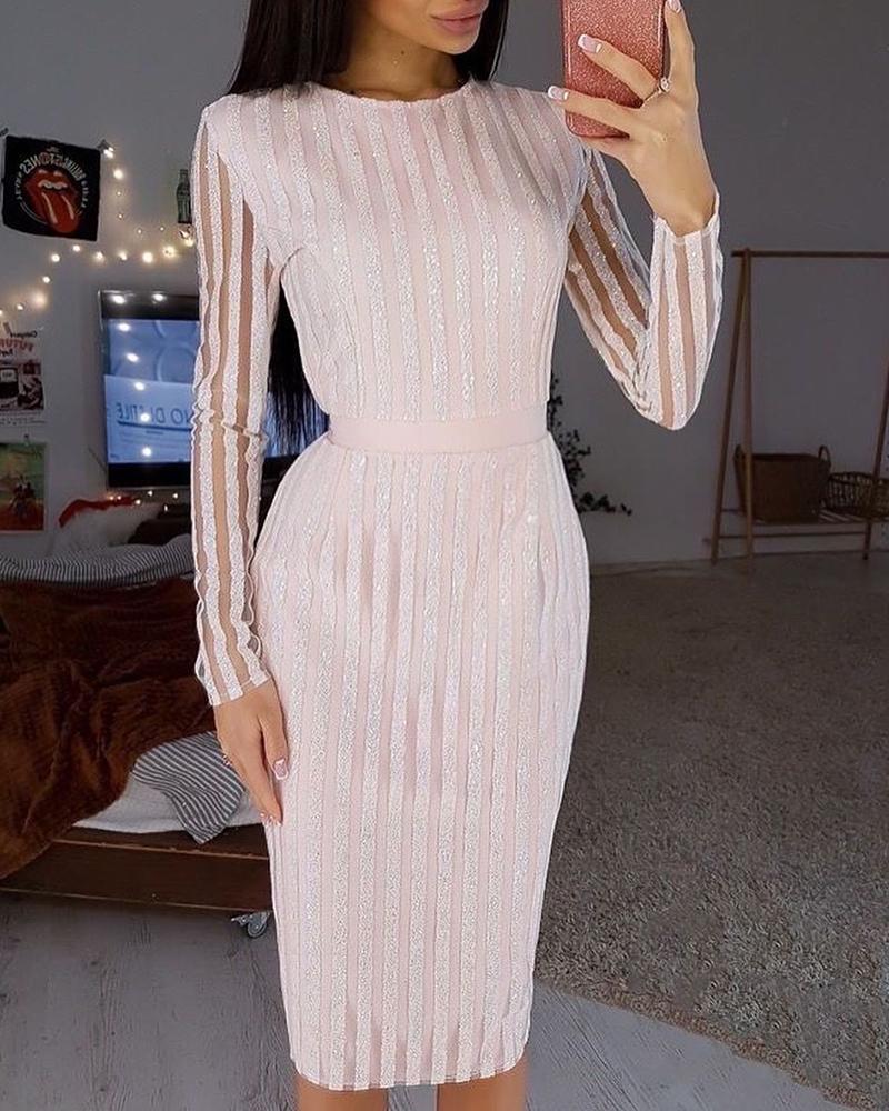 

Glitter Sheer Mesh Striped Midi Dress, White