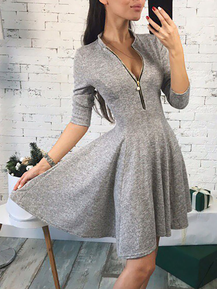 

Solid Zipper Up Pleated Casual Dress, Gray