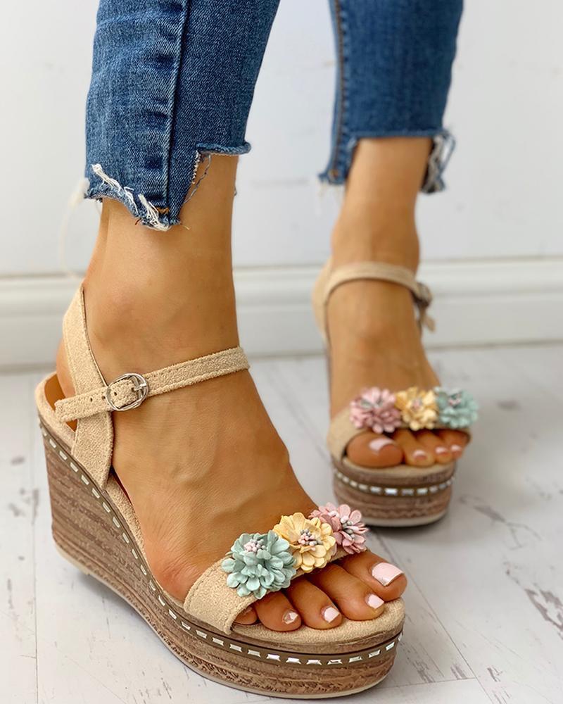 

Suede Flower Embellished Platform Wedge Sandals, Apricot