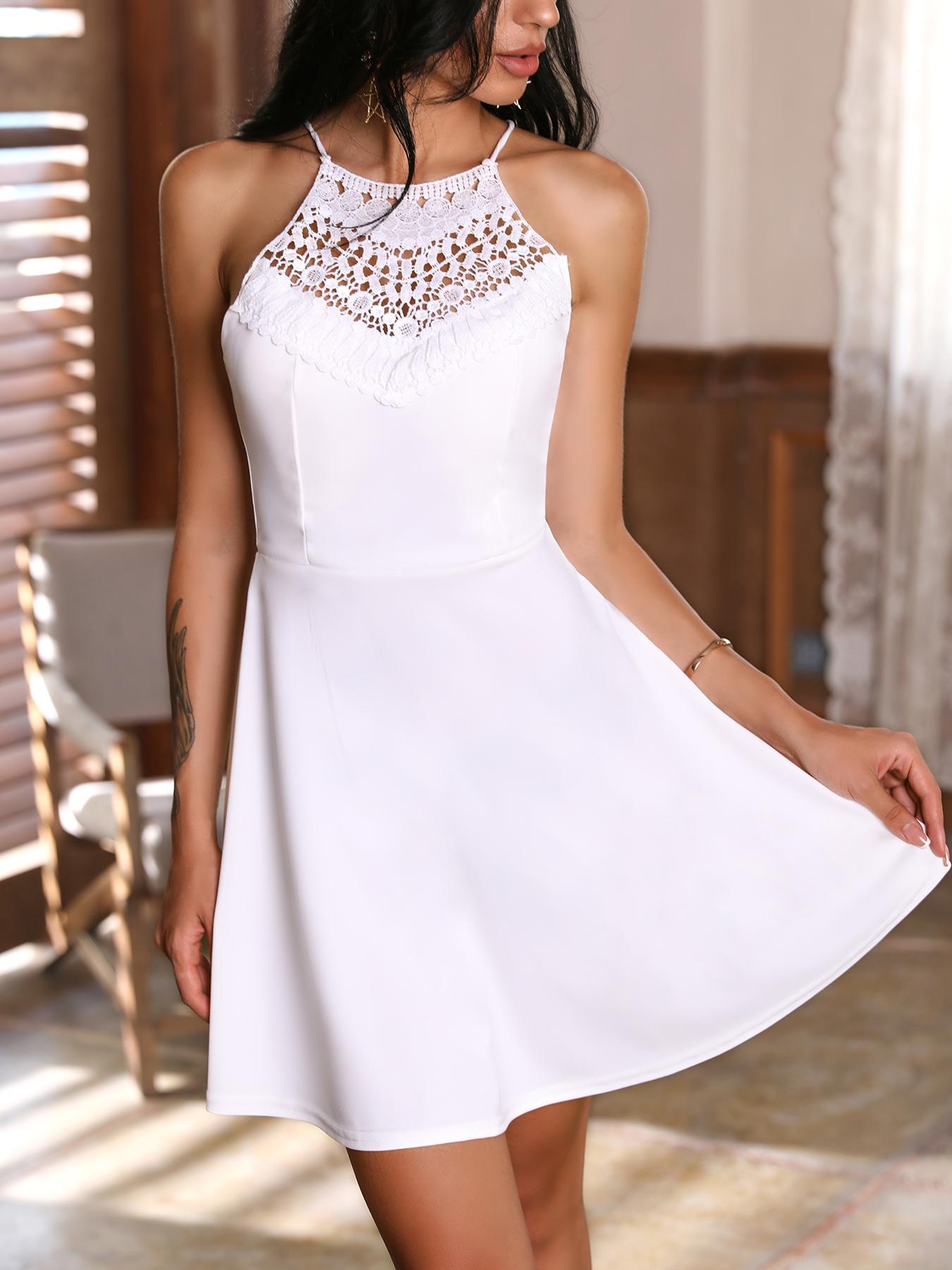 

Crochet Hollow Out Halter Backless Mini Dress, White