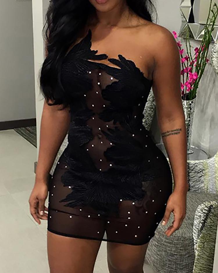 

Stylish Semi Sheer Applique Sequined Mesh Bodycon Dress, Black